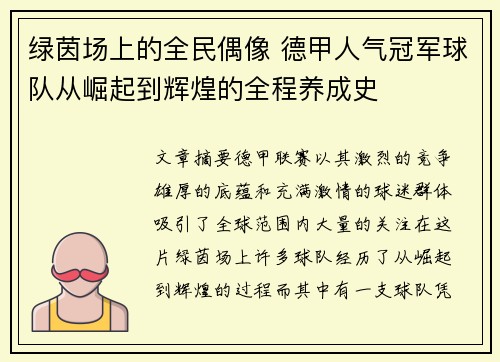 绿茵场上的全民偶像 德甲人气冠军球队从崛起到辉煌的全程养成史