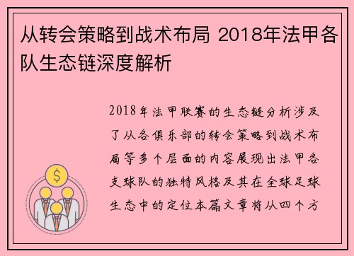 从转会策略到战术布局 2018年法甲各队生态链深度解析